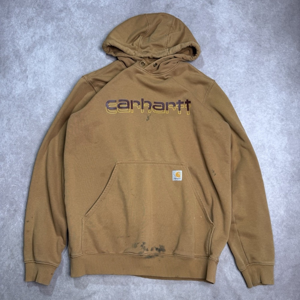 Carhartt Hoodie Mens M Brown Rain Defender Loose Fit Workwear Pullover Stained*